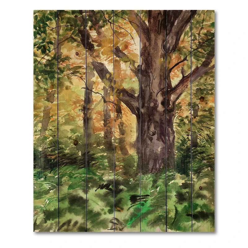 Designart - Large Tree In Autumn Forest - Lake House Print on Natural Pine Wood