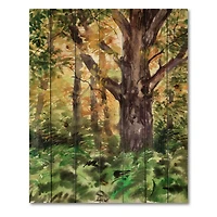 Designart - Large Tree In Autumn Forest - Lake House Print on Natural Pine Wood