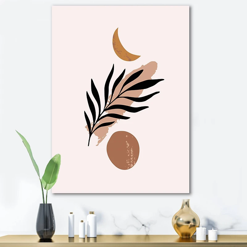 Designart - Abstact Minimal Sun, Moon & Tropical Palm Leaf I