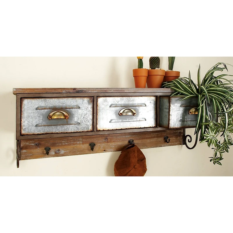 Brown Wood Farmhouse Wall Shelf, 13" x 38" x 10"