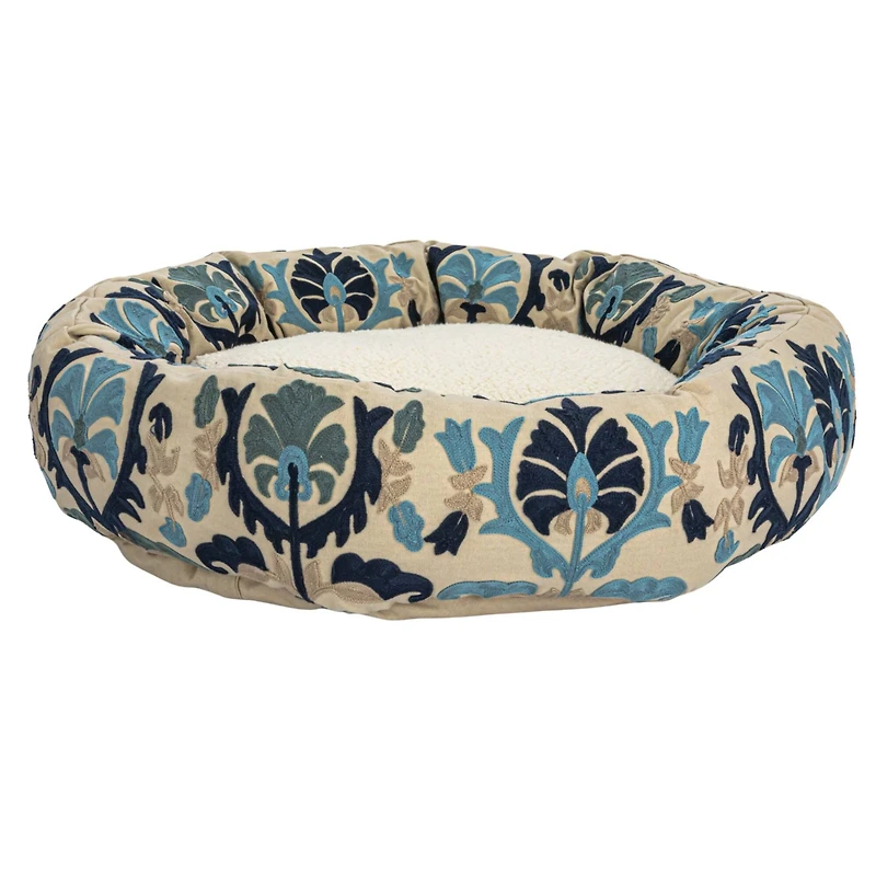 Hello Honey® 24" Natural, Blue & Gray Round Floral Cotton & Sherpa Pet Bed