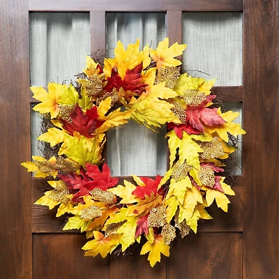 22" Unlit Autumn Harvest Artificial Maple Leaves Thanksgiving Wreath