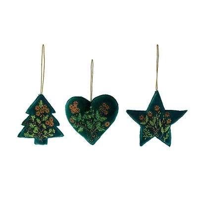 Hello Honey® 3 Pack Beaded & Embroidered Heart, Star & Tree Cotton Velvet Ornaments