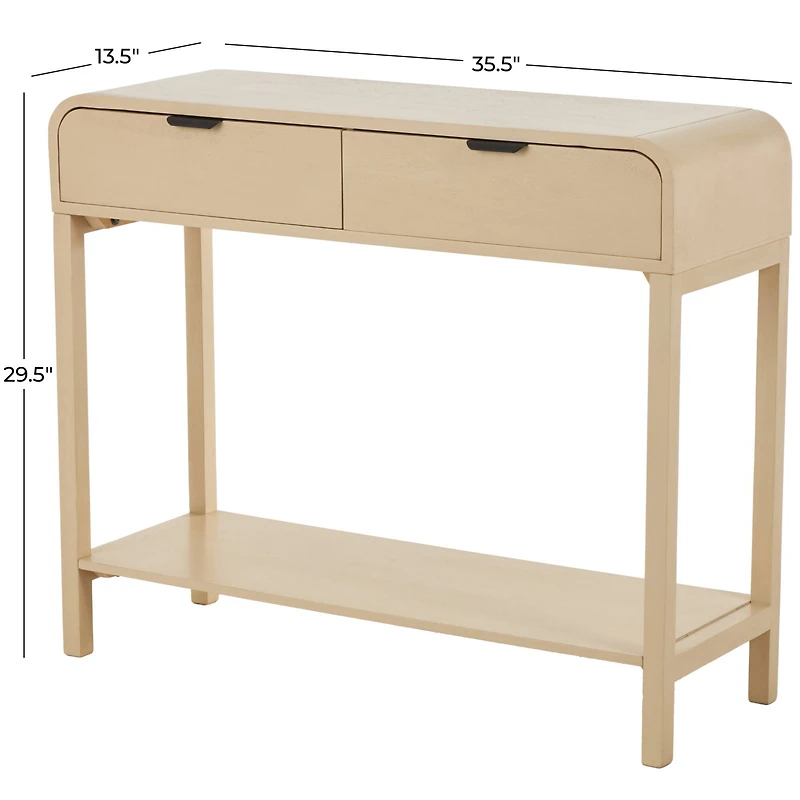 35.5" Beige Wood Handmade 2-Drawer Console Table with Black Handles