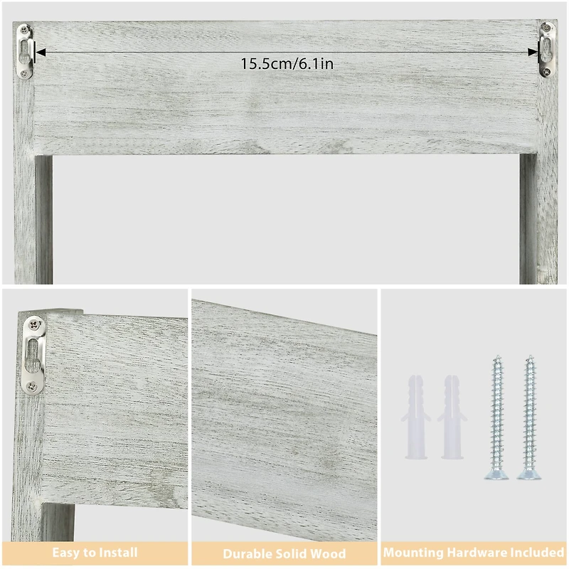 Rustic Wood Floating Storage Shelf with 3 Hooks