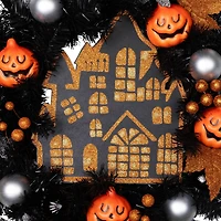 24'' Unlit Orange and Black Haunted House Halloween Wreath