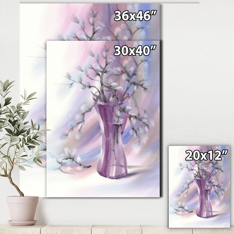 Designart - Pussy Willow Branches In Violet Glass Vase