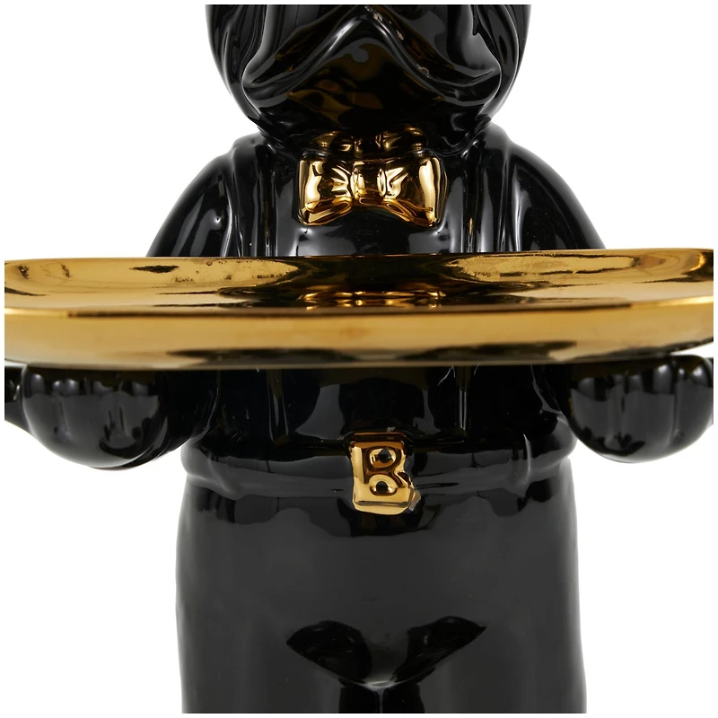 11.75" Black Ceramic Bulldog Sculpture with Golden Platter Décor