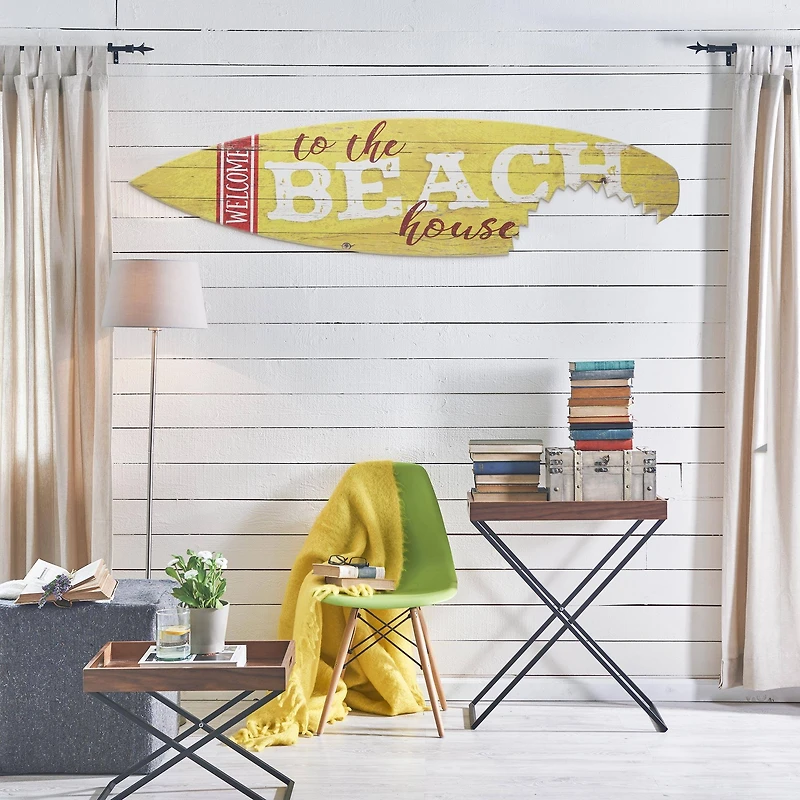 Welcome to the Beach House Shark Bite Wood Surfboard Wall Sign - 60"x15"