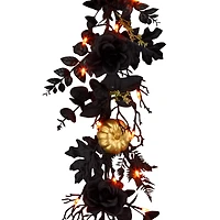 6ft. Chic Eek Black & Gold Halloween Pumpkin & Flower Pre-Lit LED Garland