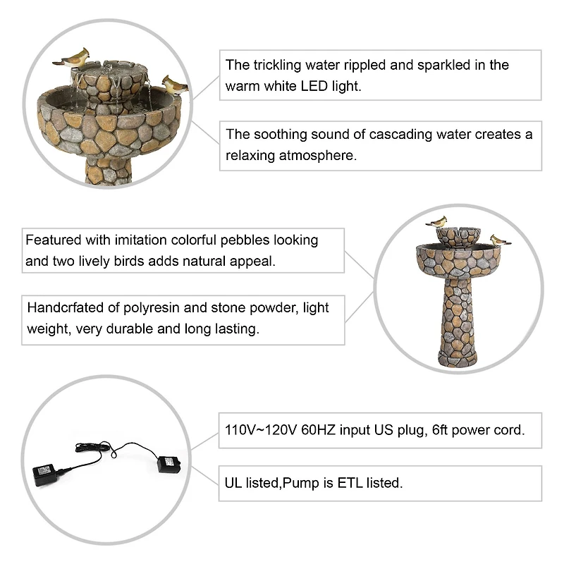 Glitzhome® 2ft. 2-Tier Stone-Like Outdoor Birdbath Fountain