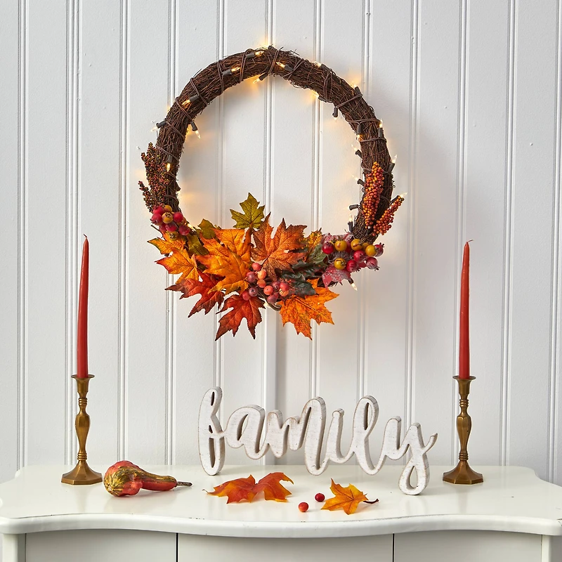 21" LED Maple Leaf & Berries Wreath