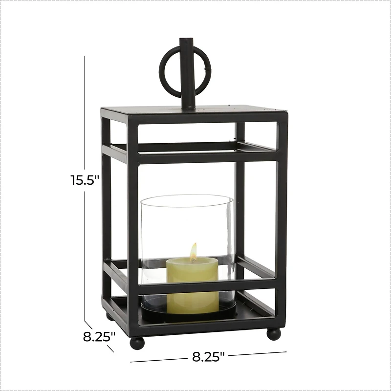 Black Iron Contemporary Candle Holder Lantern, 16" x 8" x 8"