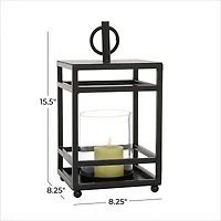 Black Iron Contemporary Candle Holder Lantern, 16" x 8" x 8"