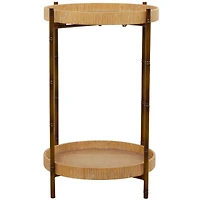 Brown Rattan 2 Tray Shelves Accent Table with Metal Bamboo Inspired Legs 18" x 18" x 26"