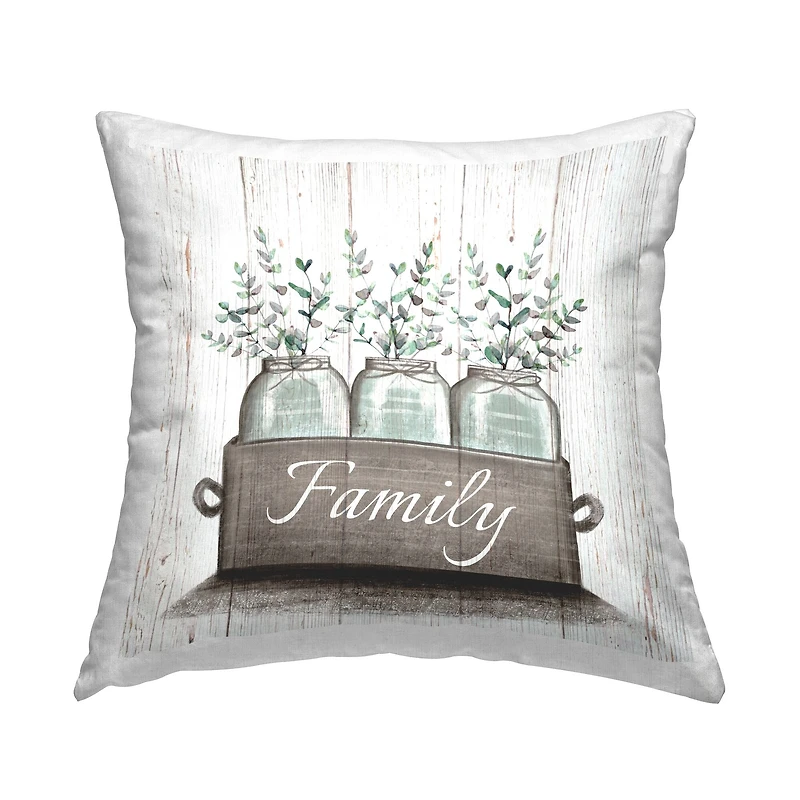 Stupell Industries Green Eucalyptus Foliage Jars with Family Sentiments Throw Pillow 18" x 18"