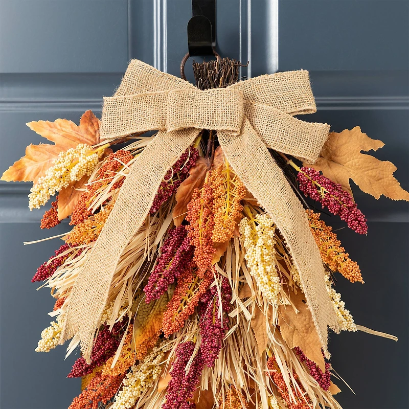 Glitzhome® 28" Fall Sorghum Swag Includes a Black Metal Wreath Hanger