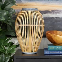 16" Brown Bamboo Handmade Open Frame Vase with Blue Metal Accents