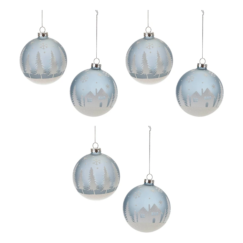 4" Frosted Forest & Village Glass Ball Ornament Set