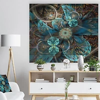 Designart - Fractal Blue Flowers - Floral Art Print on Natural Pine Wood
