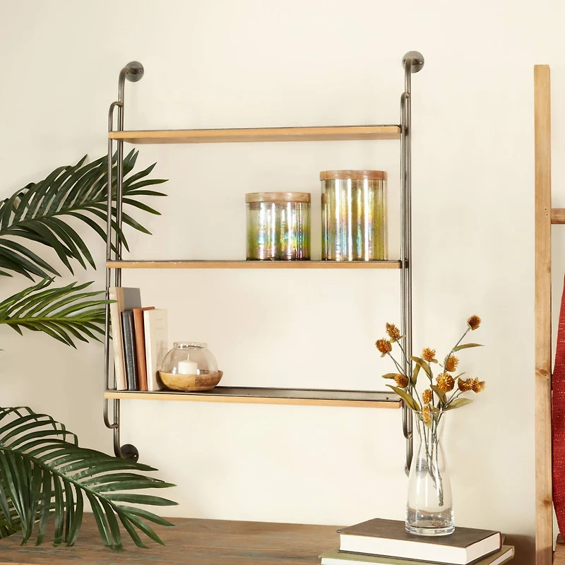 Brown Iron Industrial Wall Shelf, 33" x 25" x 7"