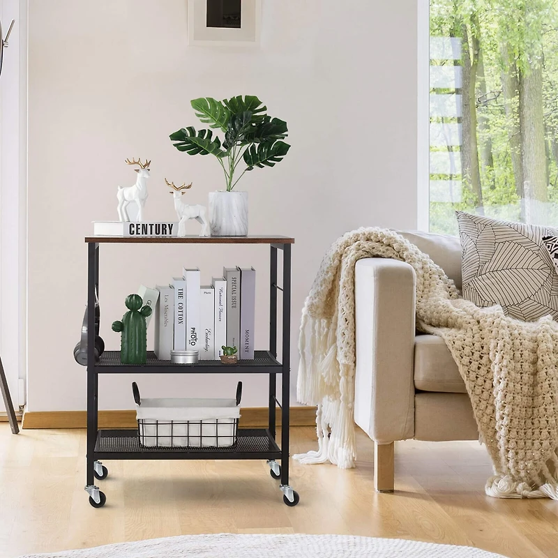 Rustic Brown Kitchen Baker's Rack 3-Tier Mesh Kitchen Storage Cart