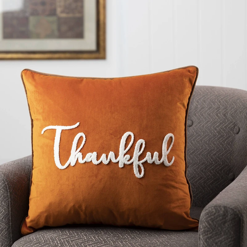 Glitzhome® Orange Velvet Thankful Pillow Cover