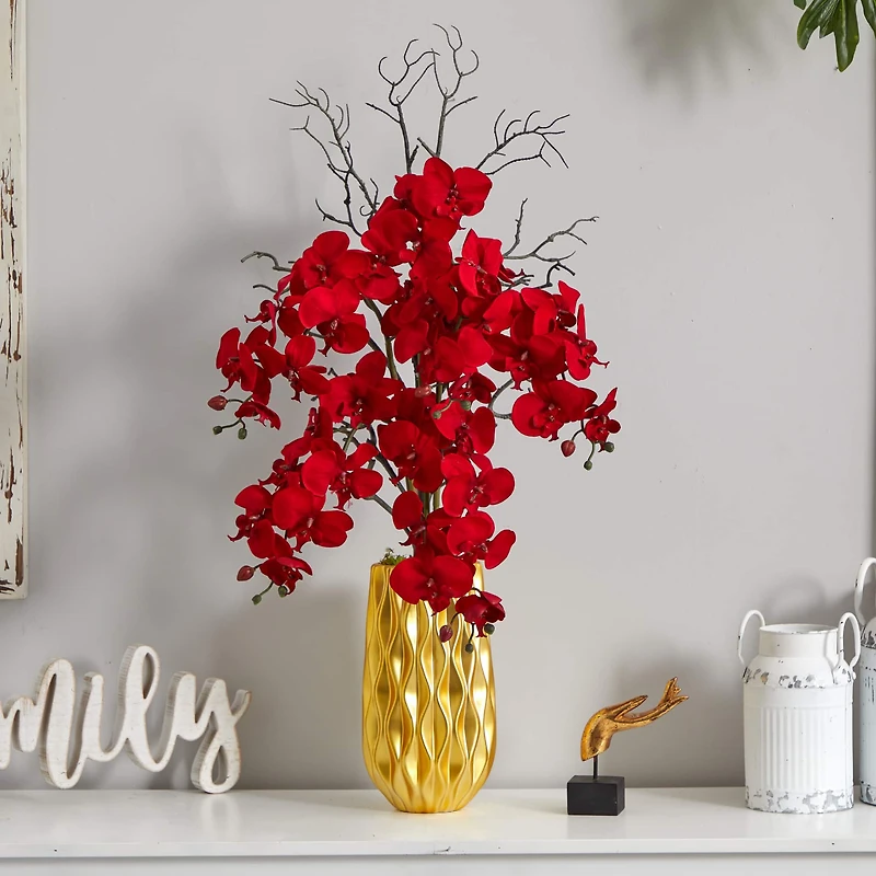 3ft. Red Moth Orchid Arrangement in Gold Vase