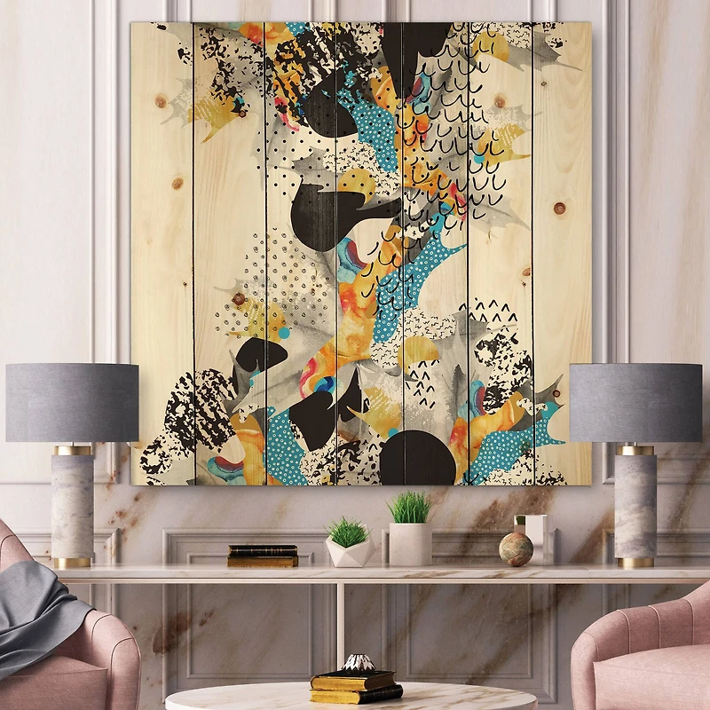 Designart - Minimal Fluid Shapes In Bauhaus Memphis Style - Modern Print on Natural Pine Wood