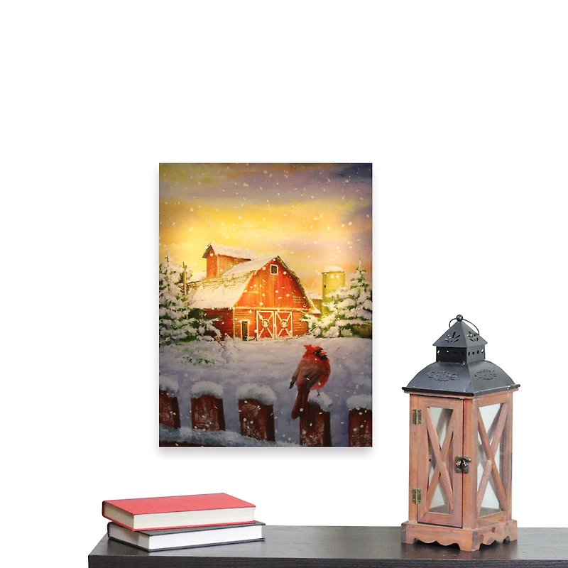 LED Back Lit Snowy Sunset Barn Scene Christmas Wall Art