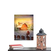 LED Back Lit Snowy Sunset Barn Scene Christmas Wall Art