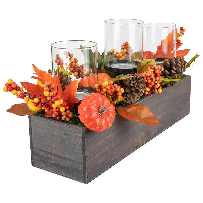 27" Pumpkin, Berry & Pinecone Fall Harvest Triple Pillar Candle Holder