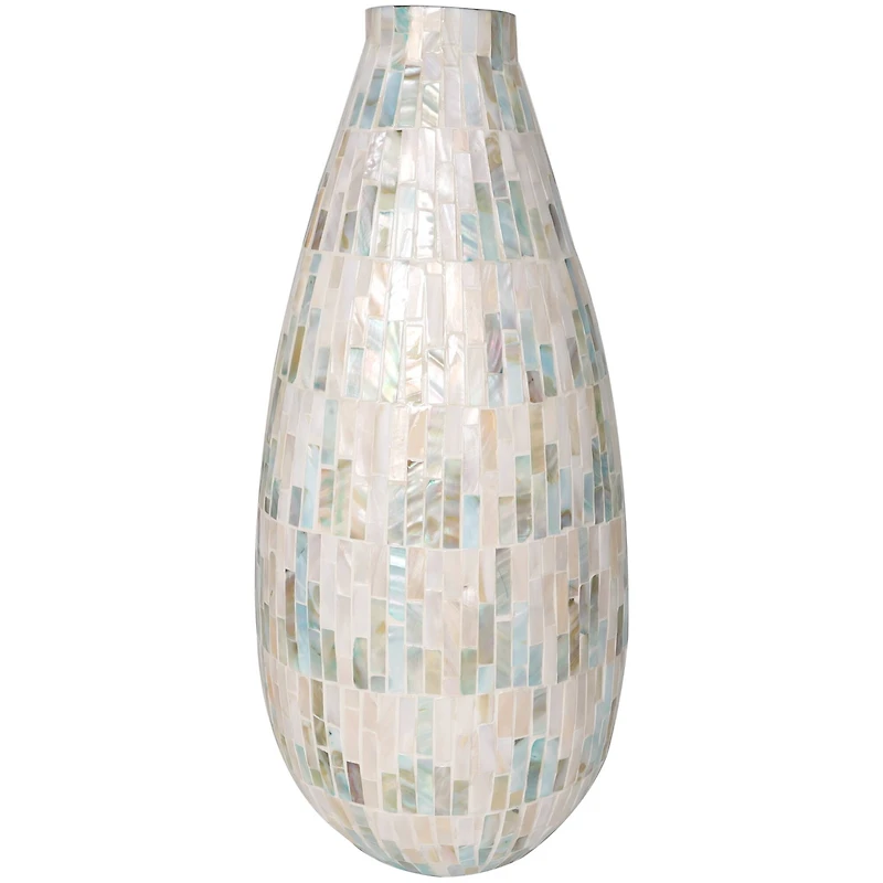 19" White Mother of Pearl Handmade Mosaic Inspired Vase with Pastel Blue & Pink Accents