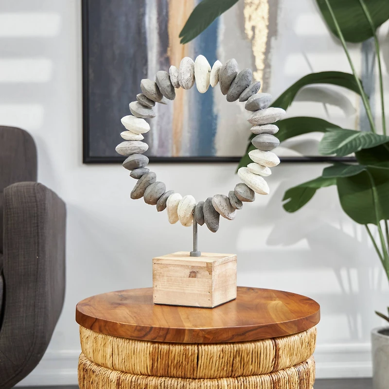 14" Gray Metal Circular Stone Abstract Sculpture with Brown Wooden Base