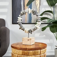 14" Gray Metal Circular Stone Abstract Sculpture with Brown Wooden Base