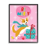 Stupell Industries Be Merry Smiling Puppy Gift Framed Giclee Art