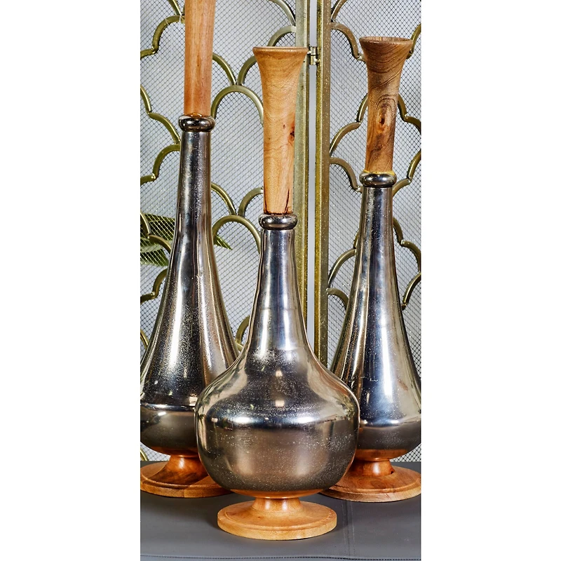 24" Silver Aluminum & Wood Contemporary Vase