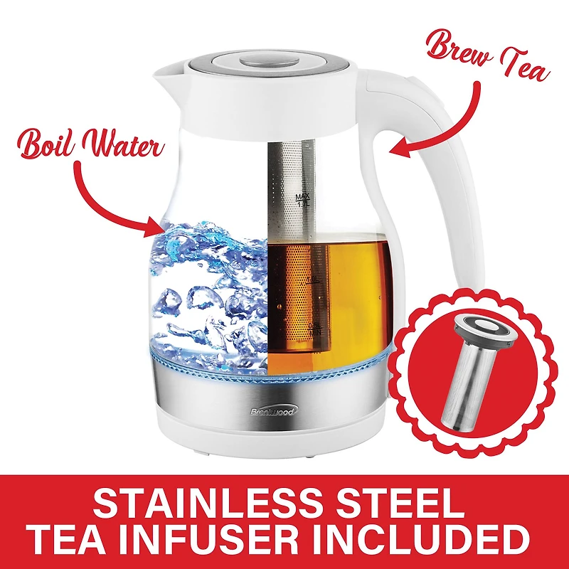 Brentwood 1.79qt. White Cordless Glass Electric Kettle with Tea Infuser and Swivel Base