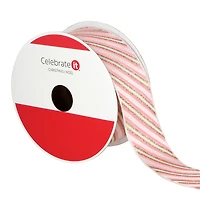 1.5" x 30ft. Blush & Gold Diagonal Stripes Wired Ribbon by Celebrate It®