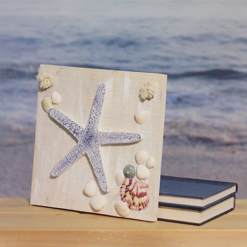 10" Blue & Beige Hanging Starfish Plaque with Seashells Wall Accent