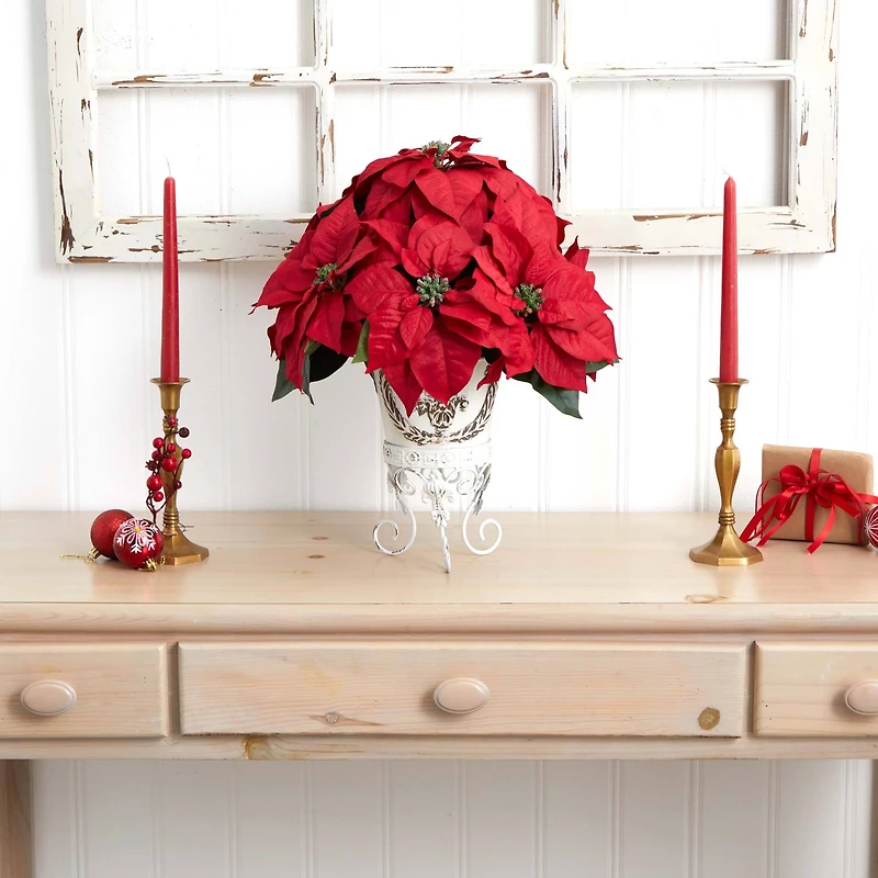 21" Potted Poinsettia with White Metal Planter