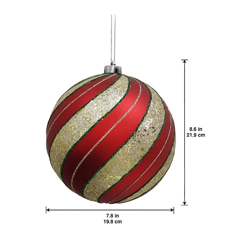 8.25" Red with Green & Gold Glitter Peppermint Stripes Jumbo Ball Ornament by Ashland®