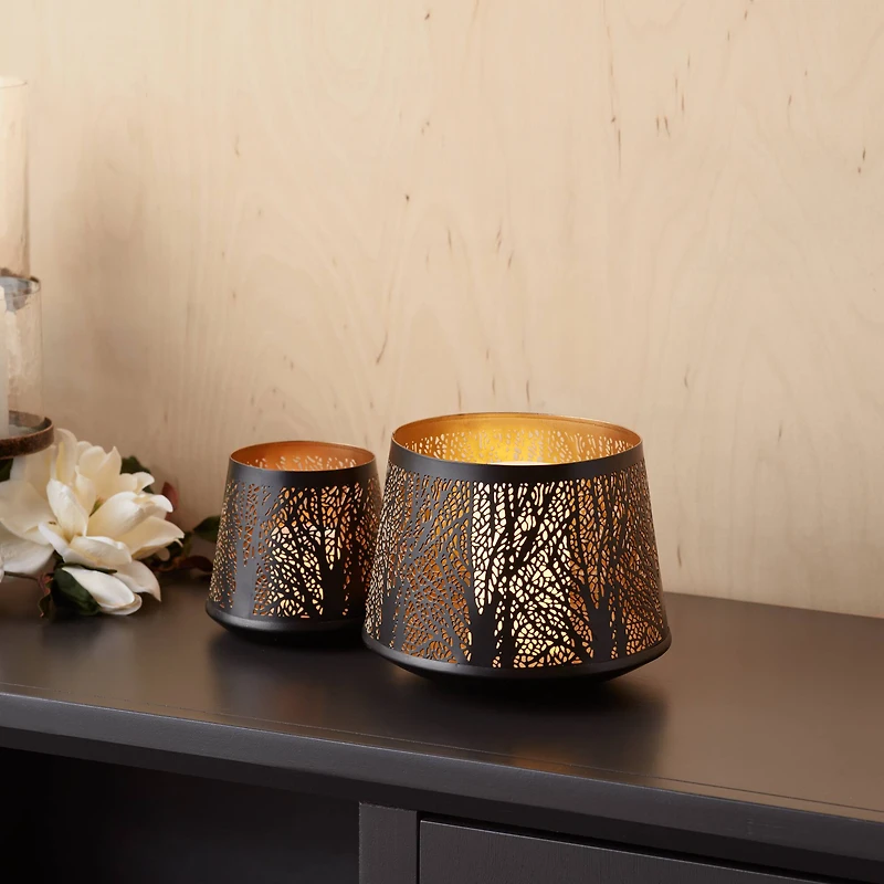 Black Tapered Punched Metal Candle Holder Set, 5" & 6"