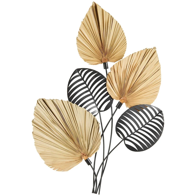 25" x 3" x 36" Brown Metal Leaf Layered Wall Decor with Palm Leave Accents