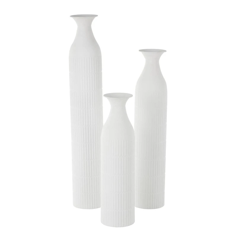 White Ribbed Floor Metal Vase Set