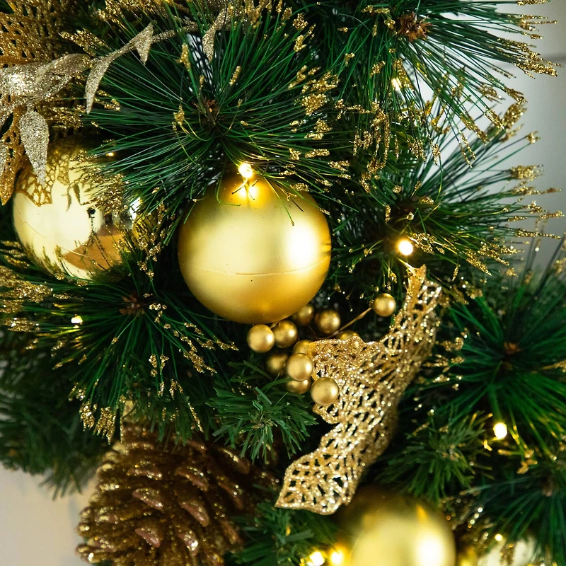 24in. Pre-Lit Artificial Golden Frosted Christmas Wreath with 50 Warm White LED Lights Pinecones, Berries and Ornaments