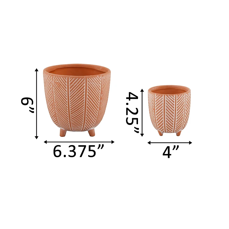Flora Bunda 6" & 4" Orange Chevron Ceramic Footed Pot Set