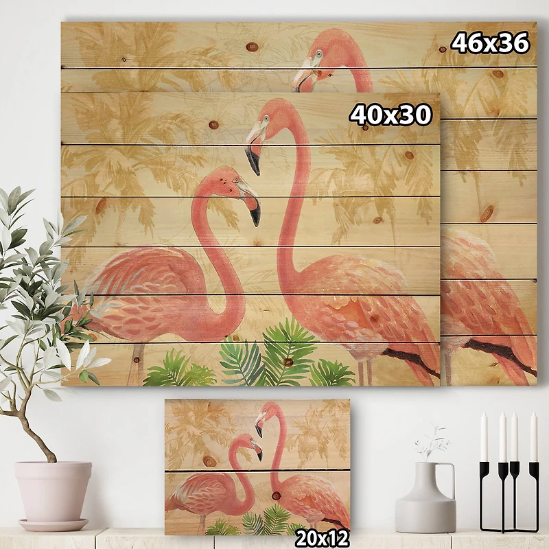 Designart - Gold Glam Flamingos - Animals Print on Natural Pine Wood