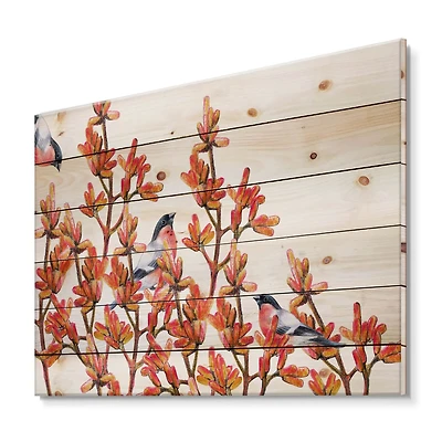 Designart - Flock of Bullfinches Birds on Orange Branches