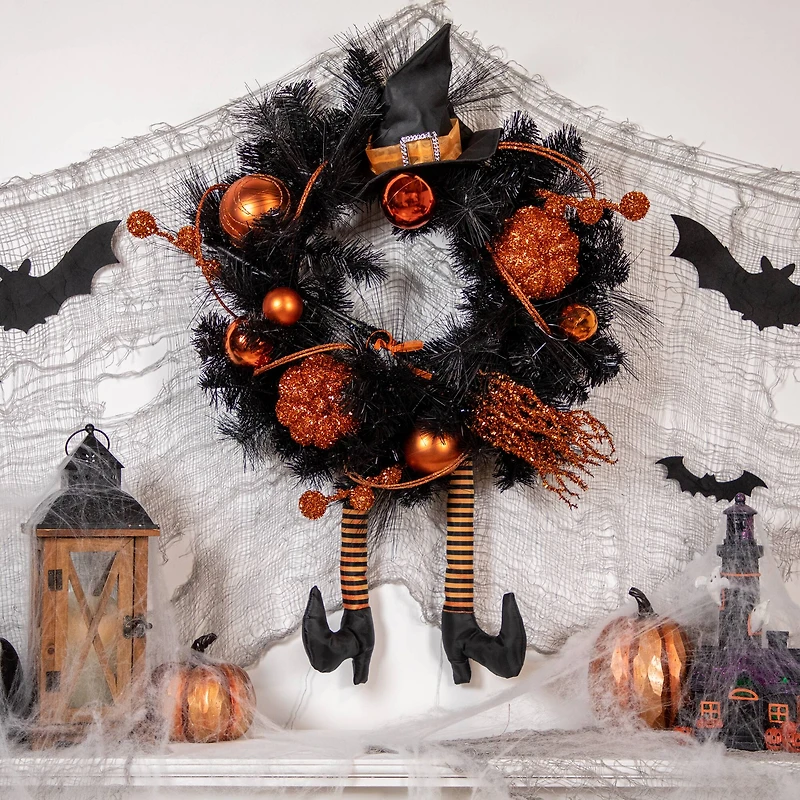 24'' Unlit Orange and Black Witch and Pumpkins Halloween Wreath